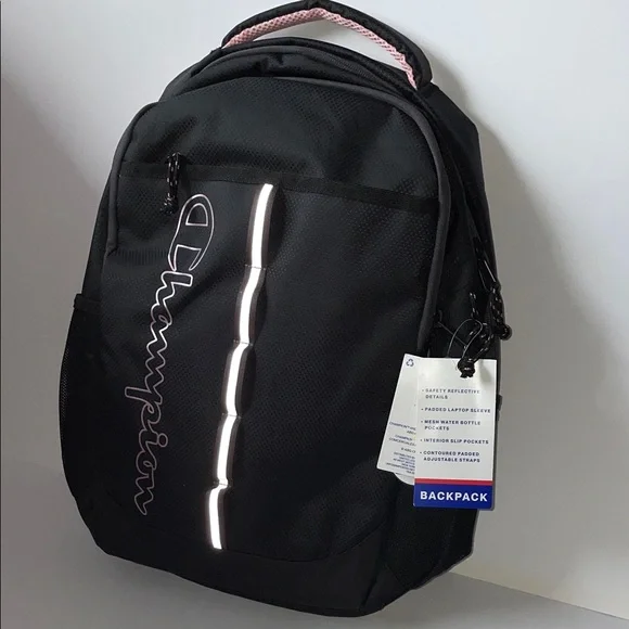 NWT Champion Black Backpack with Reflective Strip and Pink Trim - Picture 1 of 4